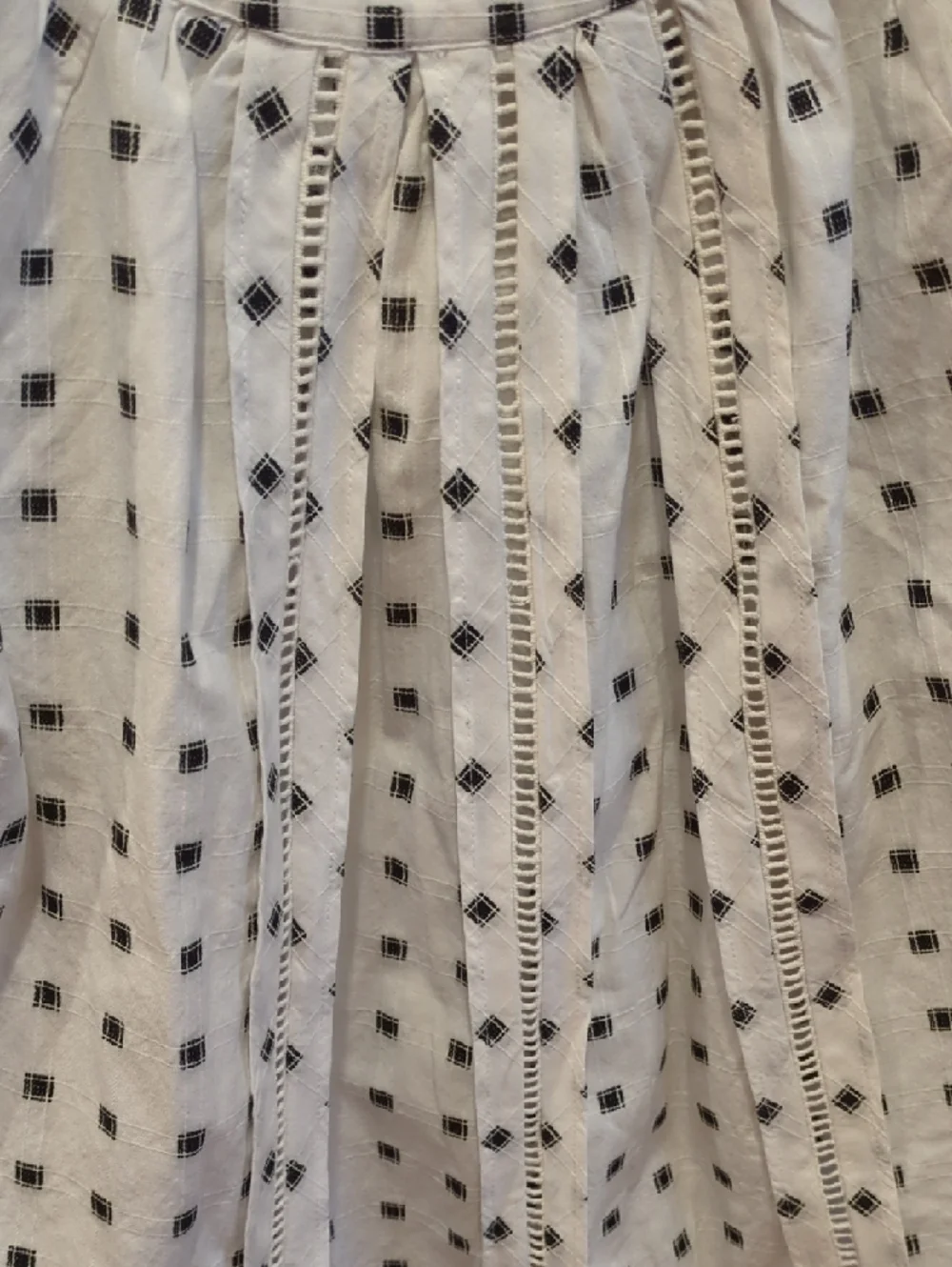 LOFT White Blouse Black Square Dot Embroidery Medium Whimsy Boho Cottage Summer